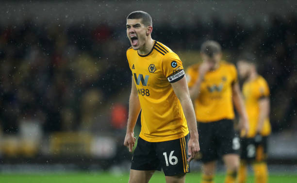Multiple Wolves players complain over Arsenal celebrations 2 WOLVERHAMPTON, ENGLAND - DECEMBER 21: Conor Coady the Wolverhampton Wanderers captain issues instructions during the Premier League match between Wolverhampton Wanderers and Liverpool FC at Molineux on December 21, 2018 in Wolverhampton, United Kingdom. (Photo by David Rogers/Getty Images)