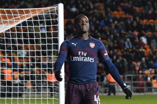Arsenal's English striker Eddie Nketiah reacts after missing a chance during the English FA Cup third round football match between Blackpool and Arsenal at Bloomfield Road in Blackpool, north west England on January 5, 2019. (Photo by Paul ELLIS / AFP)