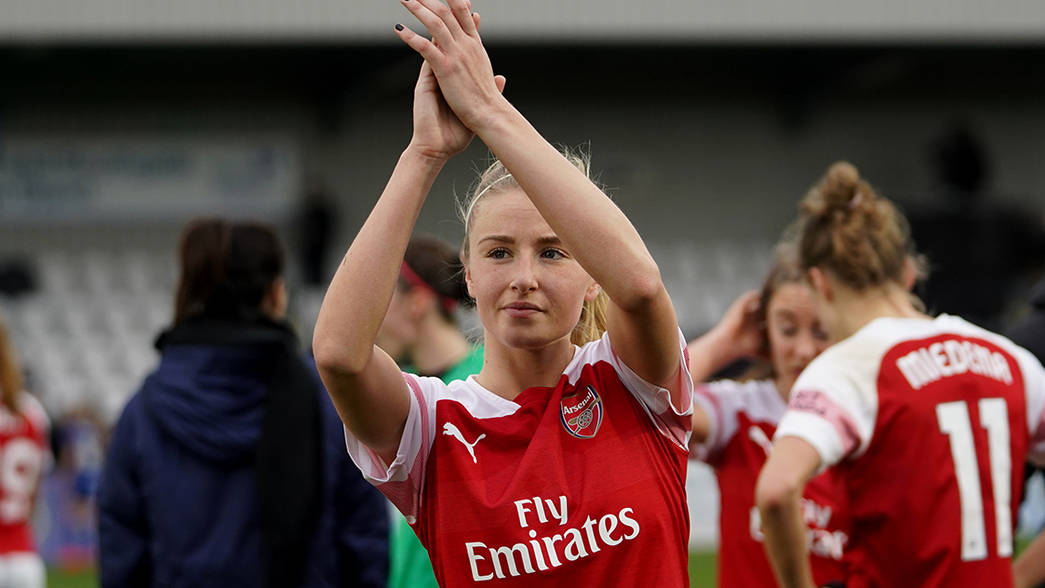 BOREHAMWOOD, ENGLAND, 13th January 2019: Leah Williamson of Arsenal thanking the fans postgame during the FA Women's Super league football match be...