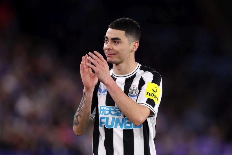 LEICESTER, ENGLAND - DECEMBER 26: Miguel Almiron of Newcastle United applauds fans after being substituted off during the Premier League match betw...