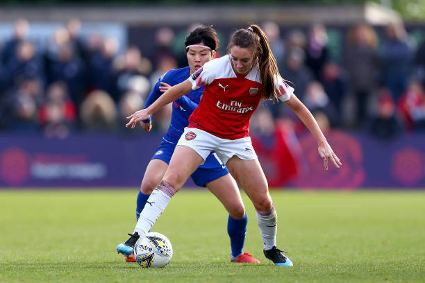 Knee injury picked up at weekend rules out Beth Mead while Lisa Evans is also injured 4 BOREHAMWOOD, ENGLAND - JANUARY 13: Lisa Evans of Arsenal Women tackles with Ji So Yun of Chelsea Women during the FA WSL match between Arsenal Women and Chelsea Women at Meadow Park on January 13, 2019 in Borehamwood, England. (Photo by Jordan Mansfield/Getty Images)