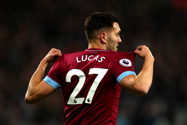 LONDON, ENGLAND - DECEMBER 04: Lucas Perez of West Ham United celebrates after scoring his team's second goal during the Premier League match betwe...