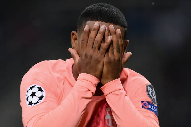Barcelona's Brazilian midfielder Malcom celebrates after opening the scoring during the UEFA Champions League group B football match Inter Milan vs...