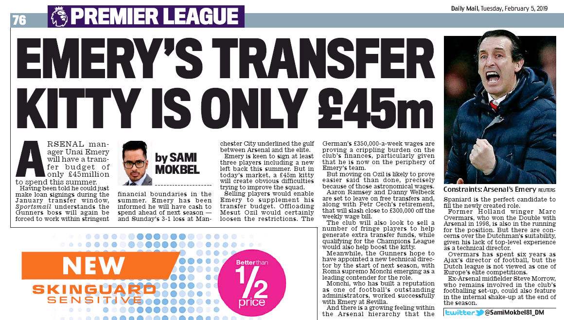 190205 daily mail arsenal transfer kitty