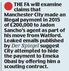 FA to investigate Manchester City over illegal agent payment for player Arsenal tried to sign 3 190227 daily mail jadon sancho manchester city agent payment
