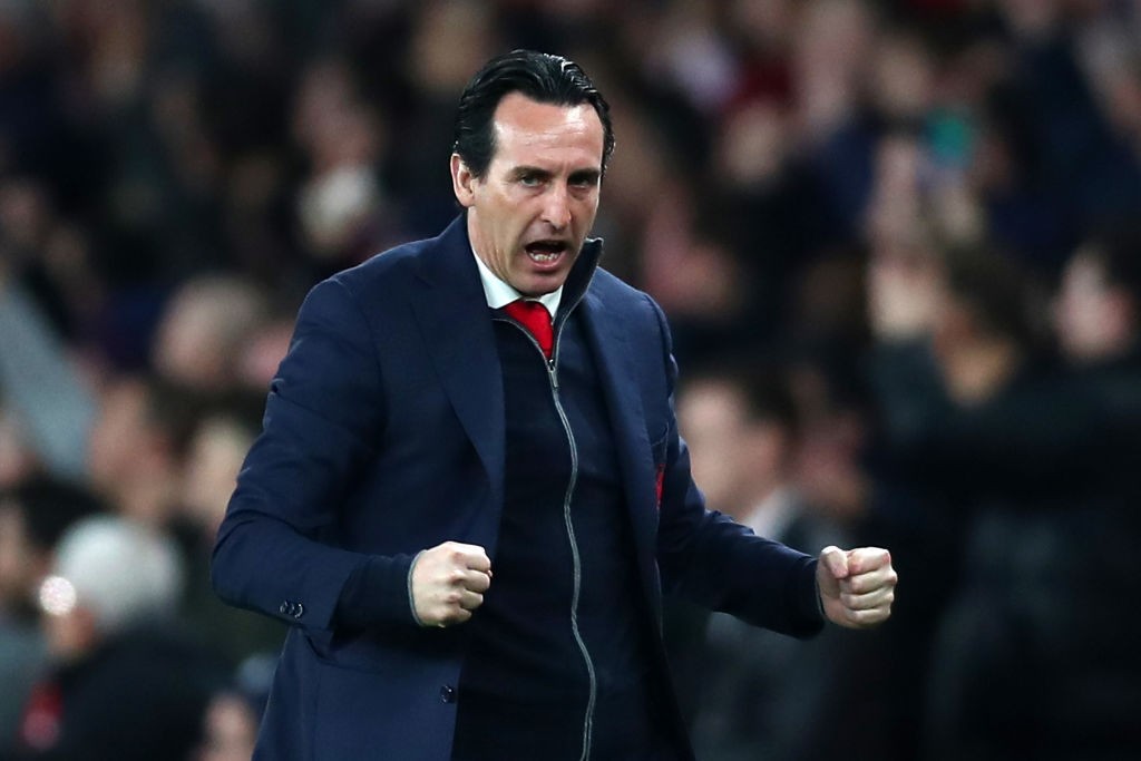 LONDON, ENGLAND - FEBRUARY 21: Unai Emery, Manager of Arsenal celebrates his team's first goal, an own goal scored by Zakhar Volkov of FC BATE duri...