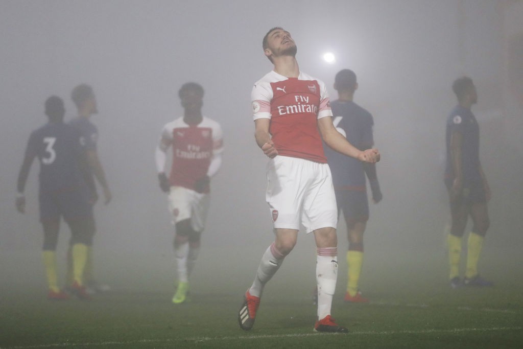 BOREHAMWOOD, ENGLAND - FEBRUARY 04: Konstantinos Mavropanos of Arsenal celebrates after he scores his sides third goal during the Premier League 2 ...