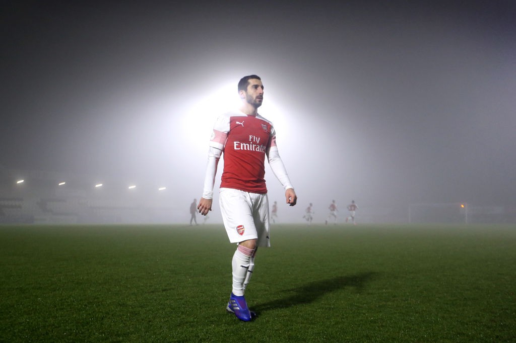 BOREHAMWOOD, ENGLAND - FEBRUARY 04: Herikh Mkhitaryan of Arsenal leaves the pitch after the match is called off due to poor weather conditions of t...