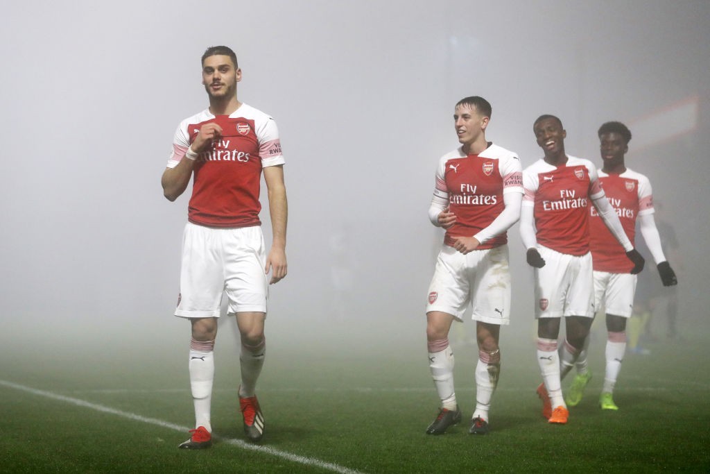 BOREHAMWOOD, ENGLAND - FEBRUARY 04: Konstantinos Mavropanos of Arsenal celebrates after he scores his sides third goal during the Premier League 2 ...
