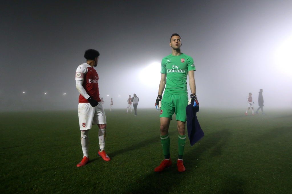 BOREHAMWOOD, ENGLAND - FEBRUARY 04: Deyan Iliev of Arsenal awaits the referees decision during the Premier League 2 match between Arsenal and West Ham at Meadow Park on February 04, 2019 in Borehamwood, England. (Photo by Alex Pantling/Getty Images)