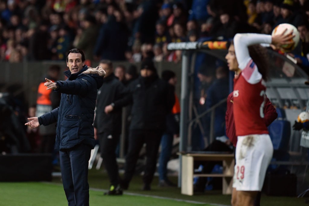 Arsenal's Spanish head coach Unai Emery gestures during the UEFA Europa League round of 32 first leg football match between FC BATE Borisov and Ars...