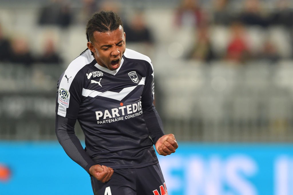 Bordeaux's French defender Jules Kounde reacts during the French L1 football match between Girondins de Bordeaux (FCGB) and En avant de Guingamp (E...