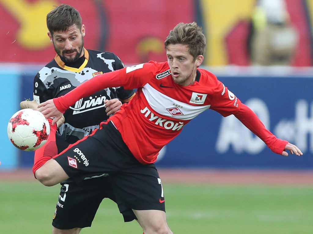 TULA, RUSSIA - MAY 21: Igor Shevchenko (L) of FC Arsenal Tula is challenged by Jano Ananidze of FC Spartak Moscow during the Russian Premier League...