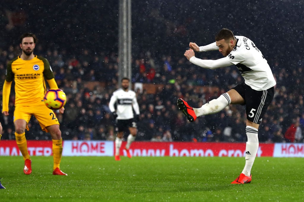 LONDON, ENGLAND - JANUARY 29: Calum Chambers of Fulham scores his team's first goal during the Premier League match between Fulham and Brighton & H...