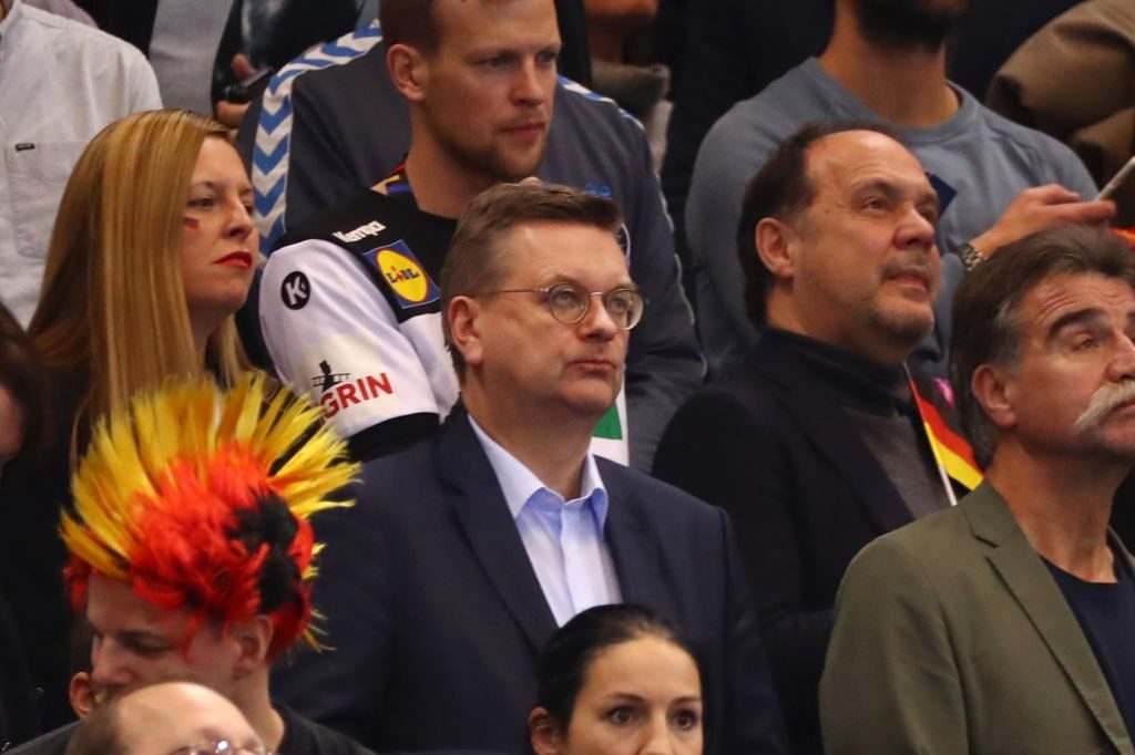 UEFA Executive Committee to discuss abolishing 'Away Goals' rule on Wednesday 2 HAMBURG, GERMANY - JANUARY 25: Reinhard Grindel, president of the German Football Association looks on from the stands prior to the 26th IHF Men's World Championship semifinal between Germany and Norway at Barclaycard Arena on January 25, 2019 in Hamburg, Germany. (Photo by Martin Rose/Bongarts/Getty Images)