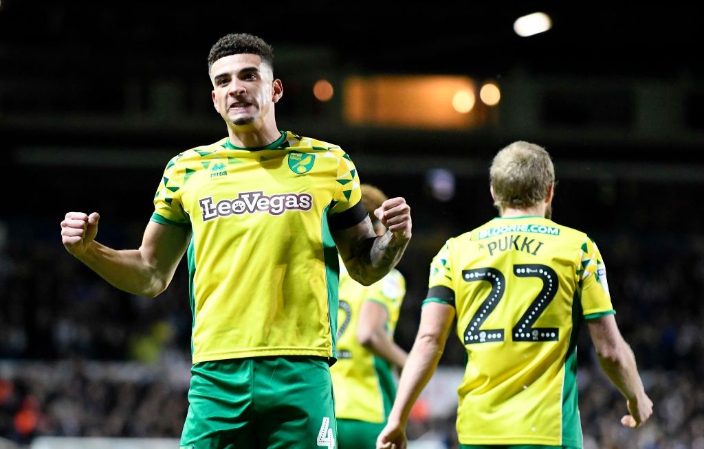 LEEDS, ENGLAND - FEBRUARY 02: Ben Godfrey of Norwich City celebrates his sides second goal scored by Teemu Pukki during the Sky Bet Championship ma...