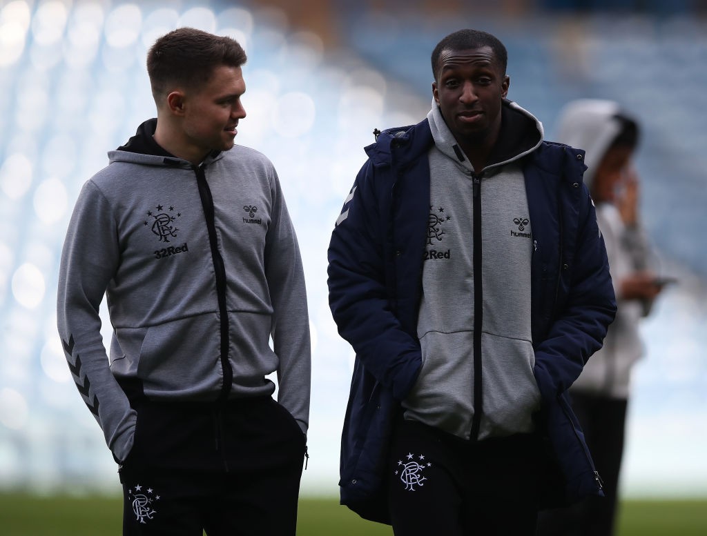 GLASGOW, SCOTLAND - FEBRUARY 16: Glenn Middleton and Glen Kamara of Rangers are seen prior to the Ladbrookes Scottish Premiership match between Ran...