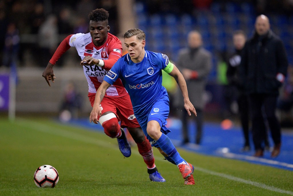 Mouscron's Franck Boya and Genk's Leandro Trossard fight for the ball during a soccer match between KRC Genk and Royal Excel Mouscron, Saturday 26 ...