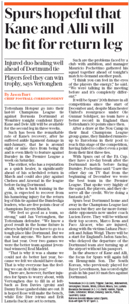 Harry Kane and Dele Alli should both be fit by early March 3 Telegraph Sport / 13th February 2019