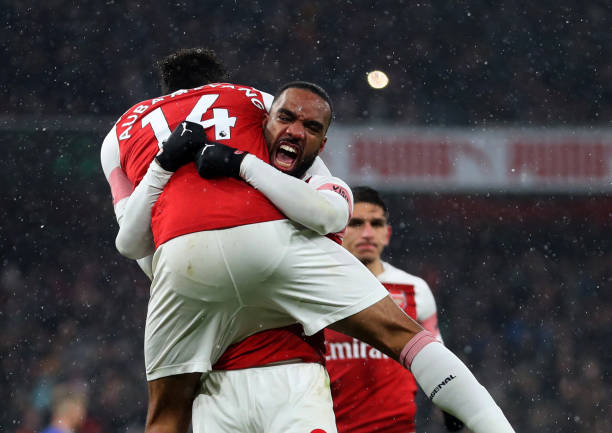 LONDON, ENGLAND - JANUARY 29: Alexandre Lacazette of Arsenal and Pierre-Emerick Aubameyang of Arsenal celebrate during the Premier League match bet...