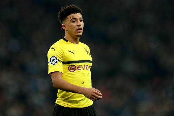 LONDON, ENGLAND - FEBRUARY 13: Jadon Sancho of Borussia Dortmund looks on during the UEFA Champions League Round of 16 First Leg match between Tott...