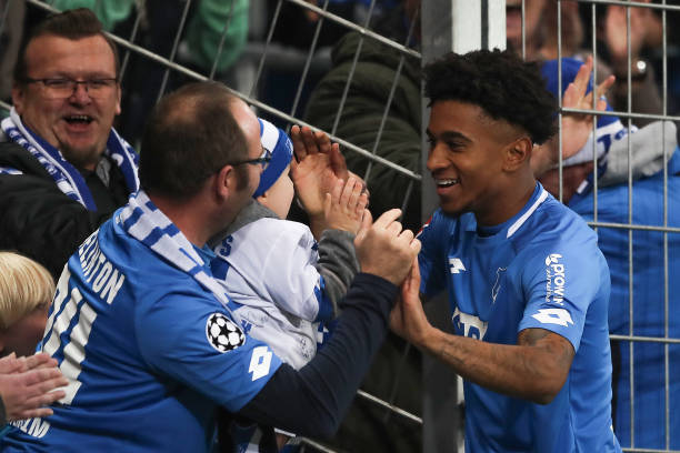 SINSHEIM, GERMANY - NOVEMBER 10: Reiss Nelson of TSG 1899 Hoffenheim celebrates after scoring his team`s second goal during the Bundesliga match be...