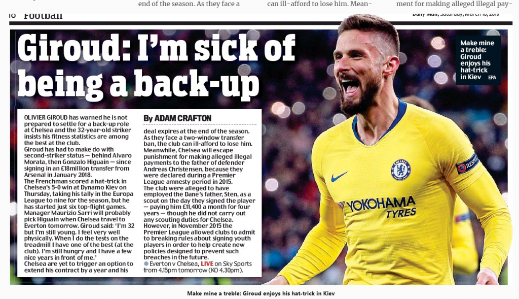Olivier Giroud not happy being back-up at Chelsea, could move for free 3 190316 daily mail olivier giroud