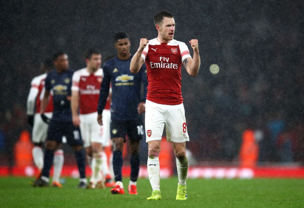 LONDON, ENGLAND - MARCH 10: Aaron Ramsey of Arsenal celebrates victory following the Premier League match between Arsenal FC and Manchester United ...