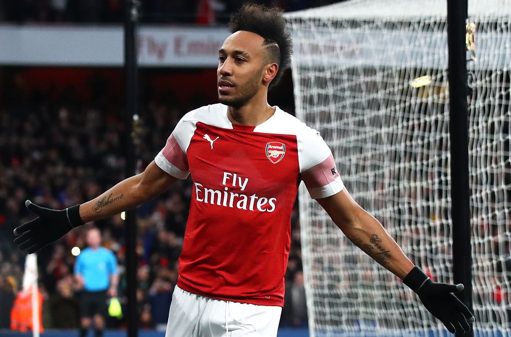 LONDON, ENGLAND - MARCH 10: Pierre-Emerick Aubameyang of Arsenal celebrates after scoring his team's second goal during the Premier League match be...