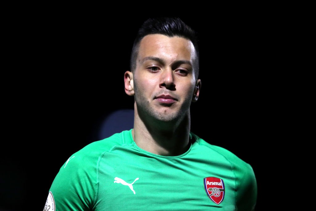 BOREHAMWOOD, ENGLAND - MARCH 04: Deyan Iliev of Arsenal during the Premier League 2 match between Arsenal and Swansea at Meadow Park on March 04, 2...