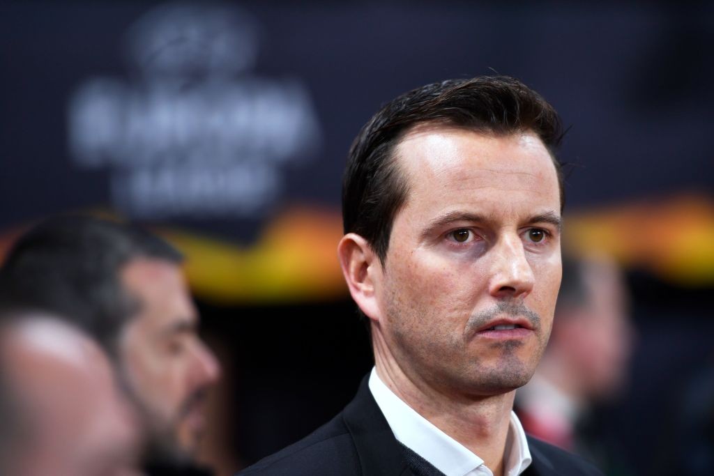 Rennes' French coach Julien Stephan attends the UEFA Europa League round of 32 first-leg football match between Rennes and Real Betis at the Roazho...
