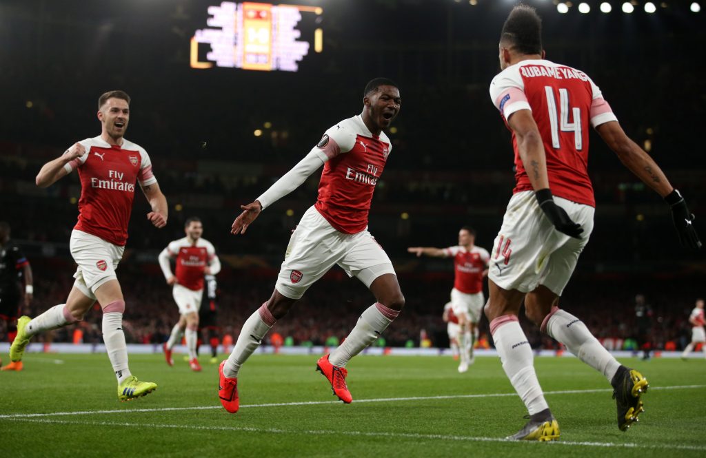 LONDON, ENGLAND - MARCH 14: Ainsley Maitland-Niles of Arsenal  celebrates after scoring his team's second goal during the UEFA Europa League Round of 16 Second Leg match between Arsenal and Stade Rennais at Emirates Stadium on March 14, 2019, in London, England. (Photo by Alex Morton/Getty Images)