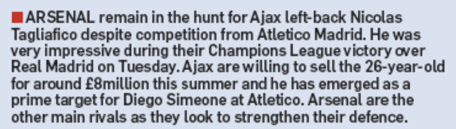 Arsenal chasing Ajax left-back Nicolas Tagliafico: Could be available for £8m 3 Mail on Sunday / 10th March 2019