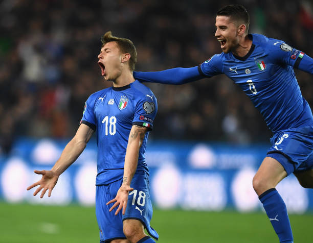 UDINE, ITALY - MARCH 23: Nicolo Barella of Italy celebrates after scoring the opening goal during the 2020 UEFA European Championships group J qual...