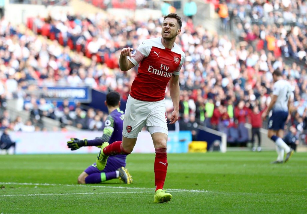 LONDON, ENGLAND - MARCH 02: Aaron Ramsey of Arsenal celebrates after scoring his team's first goal during the Premier League match between Tottenham Hotspur and Arsenal FC at Wembley Stadium on March 02, 2019 in London, United Kingdom. (Photo by Clive Rose/Getty Images)