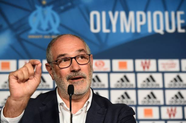Olympique de Marseille's sportive manager Andoni Zubizarreta speaks to the press, on August 10, 2017 at the Robert-Louis Dreyfus training centre in...