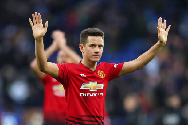 LEICESTER, ENGLAND - FEBRUARY 03: Ander Herrera of Manchester United celebrates victory following the Premier League match between Leicester City a...