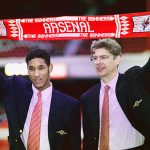 LONDON, UNITED KINGDOM - FEBRUARY 24: Arsenal manager Arsene Wenger (r) and new signing Nicolas Anelka pictured before an FA Carling Premiership match between Arsenal and Wimbledon at Highbury on February 24, 1997 in London, England. (Photo by Ben Radford/Allsport/Getty Images)