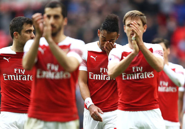 LONDON, ENGLAND - MARCH 02: Pierre-Emerick Aubameyang of Arsenal looks dejected at full time after the Premier League match between Tottenham Hotsp...