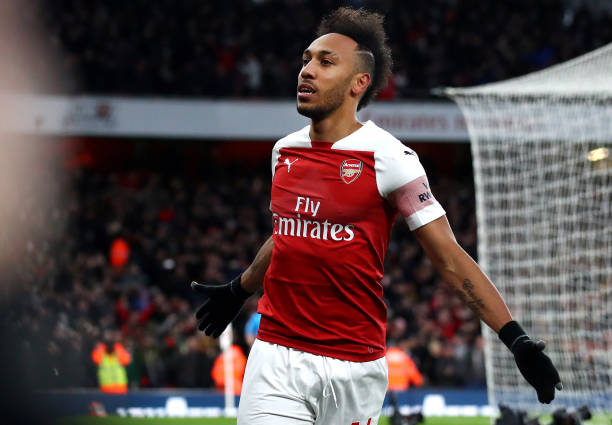 LONDON, ENGLAND - MARCH 10: Pierre-Emerick Aubameyang of Arsenal celebrates after scoring his team's second goal during the Premier League match be...