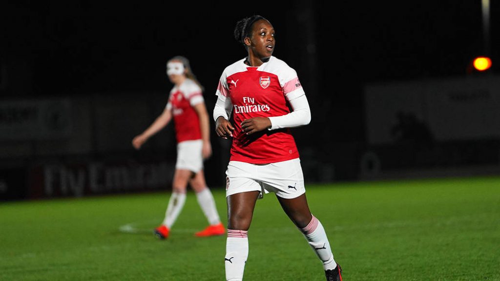 BOREHAMWOOD, ENGLAND - MARCH 14: Danielle Carter of Arsenal during the FA Women's Super League football match between Arsenal Women and Bristol City Women at Meadow Park on March 14, 2019 in Borehamwood, England.