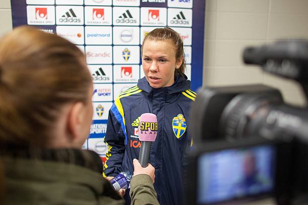 Sweden's Jessica Samuelsson speaks to the media during a press event at the FIFA Women's World Cup in Edmonton, Canada on June 14, 2015. AFP PHOTO/...