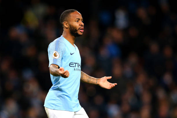 MANCHESTER, ENGLAND - MARCH 09: Raheem Sterling of Manchester City reacts during the Premier League match between Manchester City and Watford FC at...