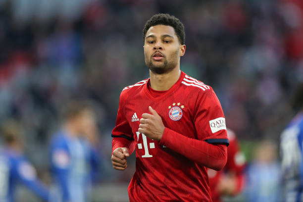 MUNICH, GERMANY - FEBRUARY 23: Serge Gnabry of FC Bayern Muenchen looks on during the Bundesliga match between FC Bayern Muenchen and Hertha BSC at...