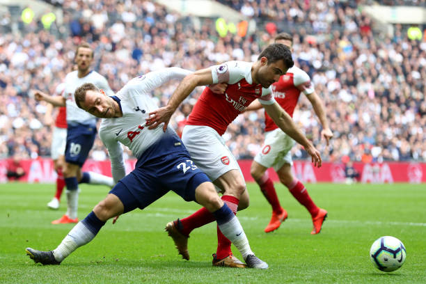 Sokratis: Kane was offside 2 LONDON, ENGLAND - MARCH 02: Christian Eriksen of Tottenham Hotspur battles for possession with Sokratis Papastathopoulos of Arsenal during the Premier League match between Tottenham Hotspur and Arsenal FC at Wembley Stadium on March 02, 2019 in London, United Kingdom. (Photo by Clive Rose/Getty Images)