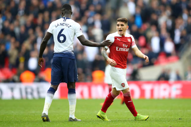 LONDON, ENGLAND - MARCH 02: Lucas Torreira of Arsenal reacts during the Premier League match between Tottenham Hotspur and Arsenal FC at Wembley St...