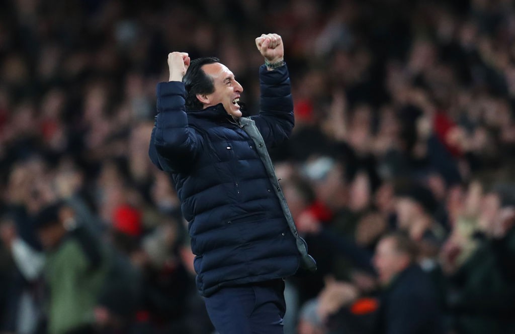 LONDON, ENGLAND - APRIL 01: Unai Emery, Manager of Arsenal celebrates as Aaron Ramsey of Arsenal scores his team's first goal during the Premier Le...