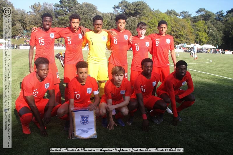 England u16 lineup facing Argentina at the Montaigu Tournament, including Daniel Oyegoke (12). (Photo via Facebook / JZPhotography85)