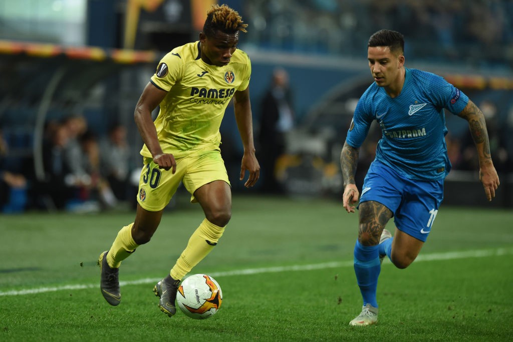 Villarreal's Nigerian midfielder Samuel Chukwueze and Zenit St. Petersburg's Argentine forward Sebastian Driussi vie for the ball during the Europa...