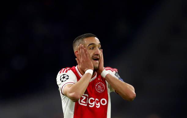 AMSTERDAM, NETHERLANDS - APRIL 10: Hakim Ziyech of Amsterdam reacts during the UEFA Champions League Quarter Final first leg match between Ajax and...